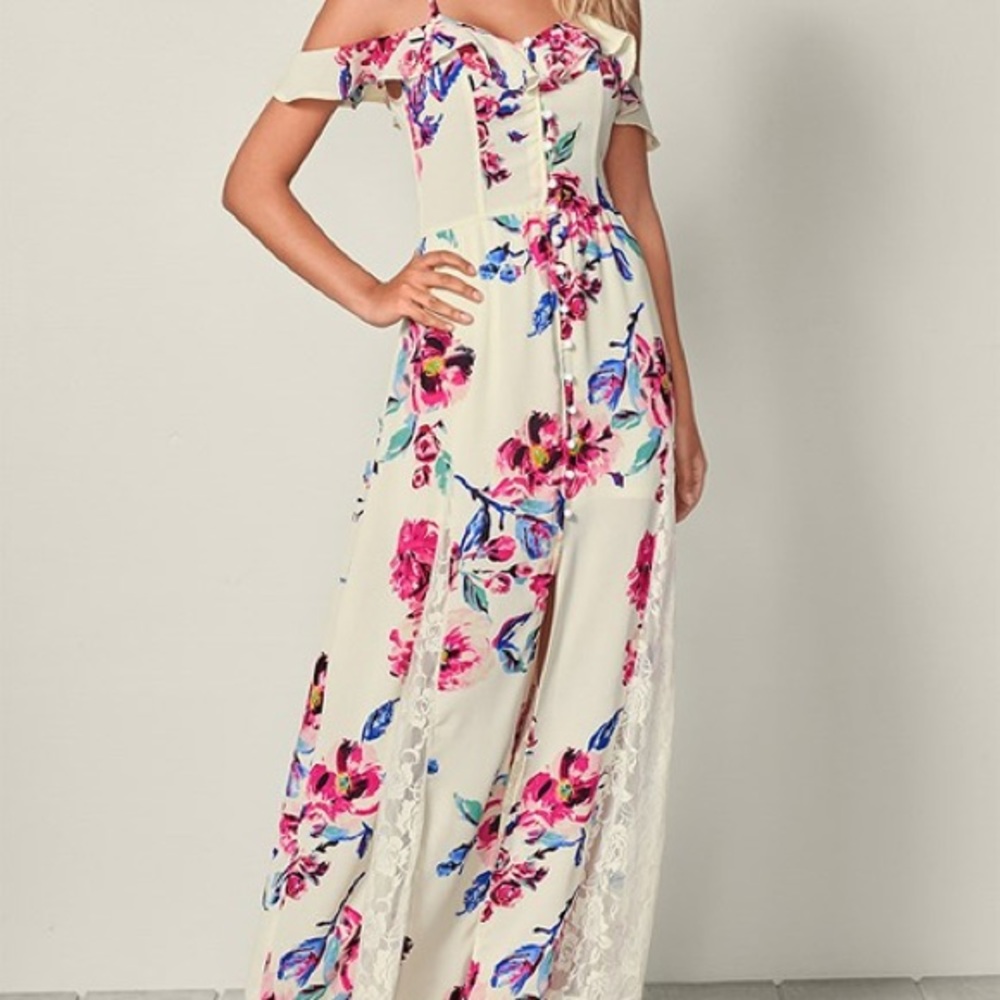 White Floral Cold Shoulder Maxi Dress